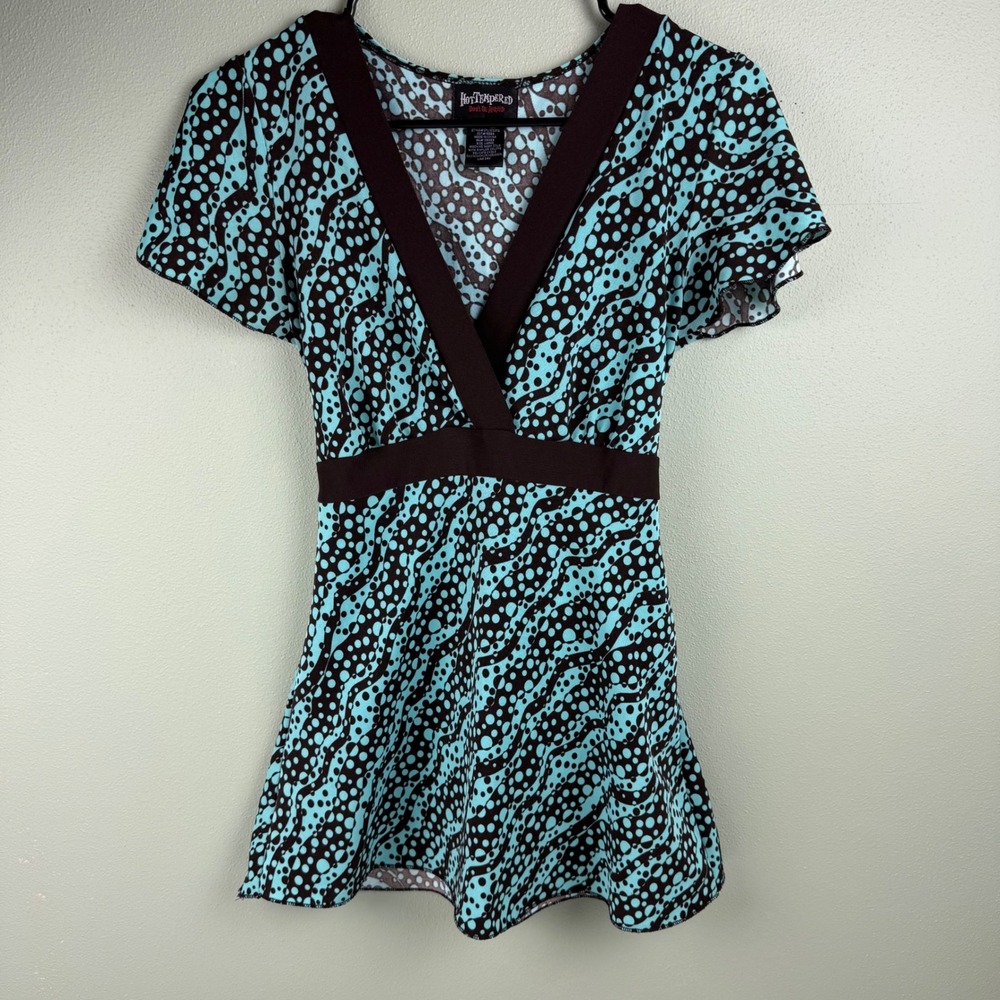 Hot Tempered Y2K Teal Brown Polka Dot V-Neck Empire Waist Top Large Babydoll